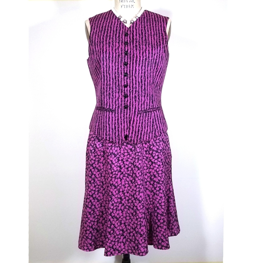 FINAL OFFER! CARLISLE 6 SILK PURPLE & BLACK FIT & FLARE VEST SKIRT SET SUIT - Picture 4 of 11